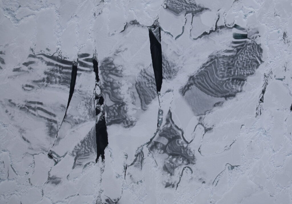 Snow drifts on nilas sheet ice (aerial view).